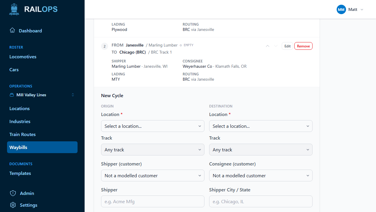 Add a Cycle to a Waybill