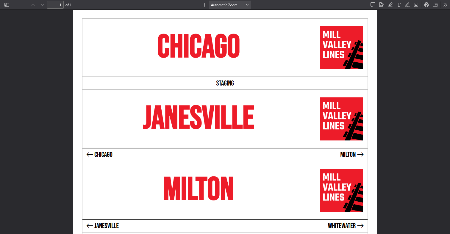 PDF preview of printed location signs ready for the layout