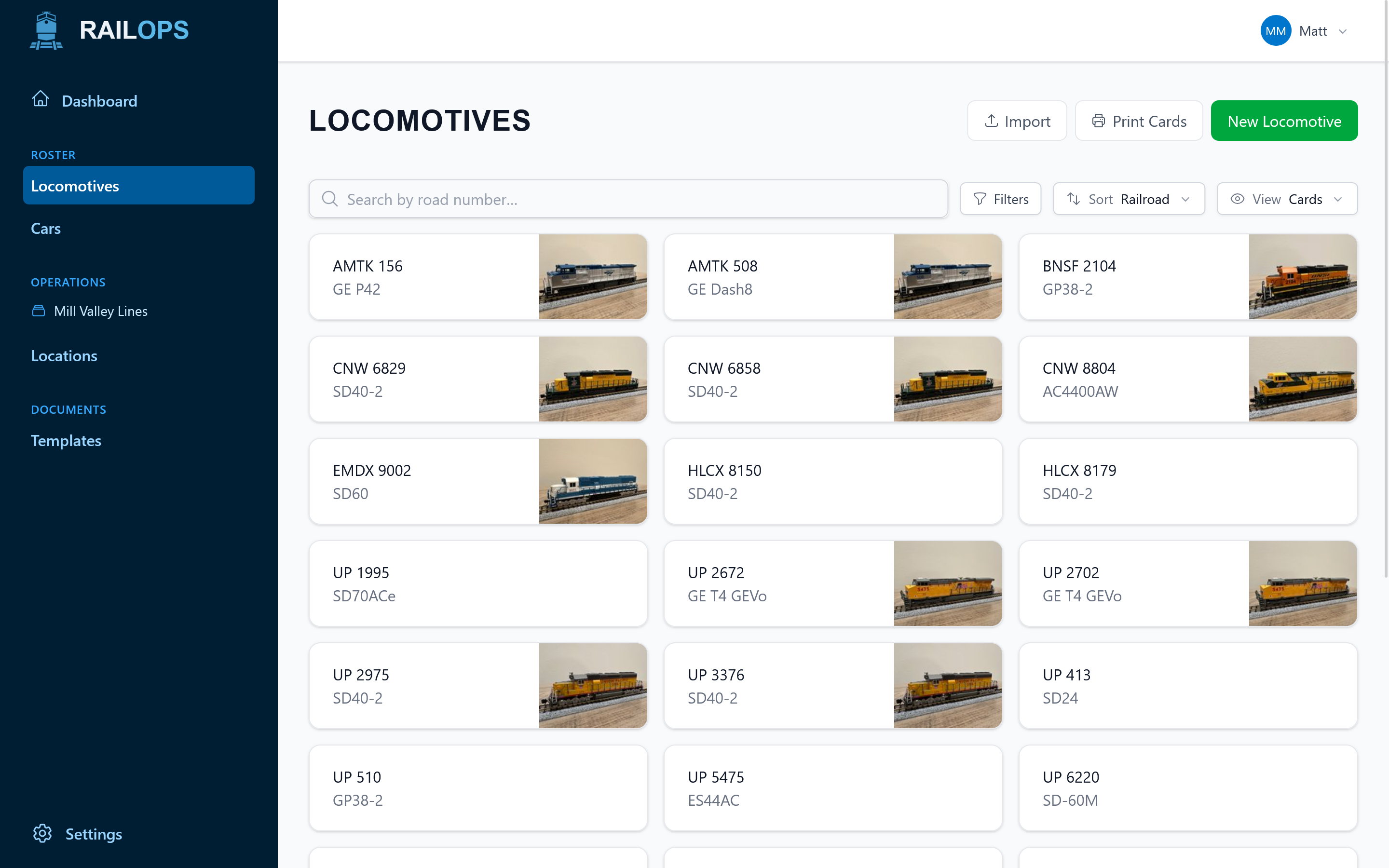 Rail Ops locomotive roster view