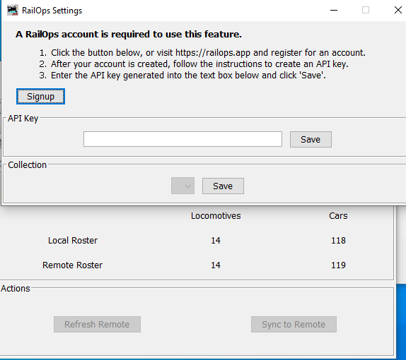 RailOps Sync options window