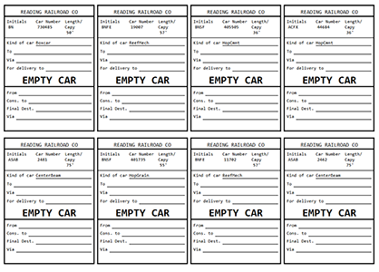 Reading RR Car Card Layout